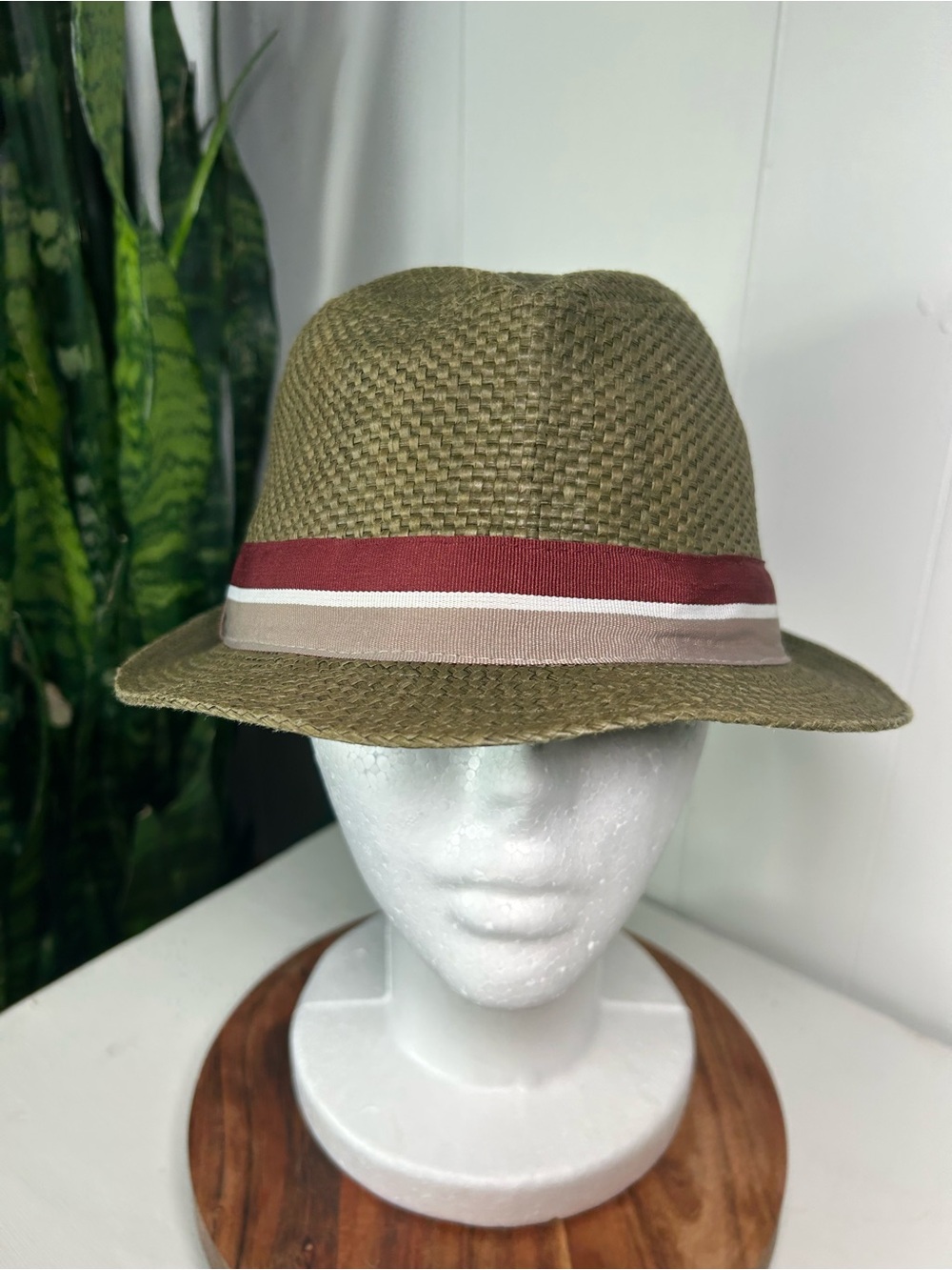 Banana Republic Olive Straw Fedora with Red and Beige Band
